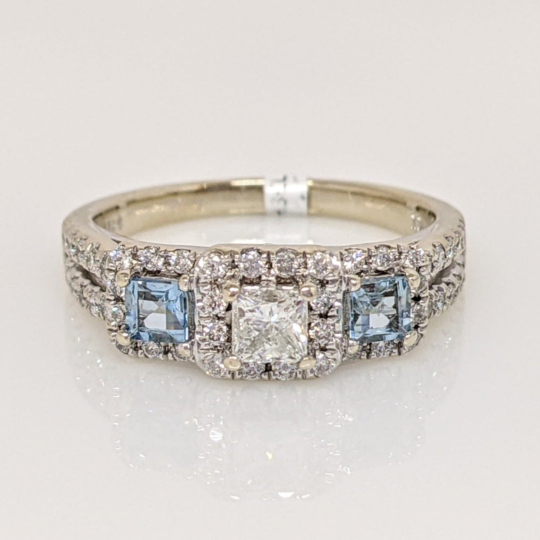 14K WHITE .64 CARAT TOTAL WEIGHT I1 I DIAMOND PRINCESS CUT (1) ROUND (54) AQUAMARINE (2) ESTATE RING 4.1 GRAMS