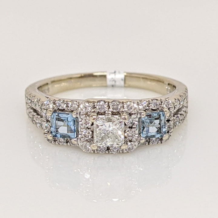 14K WHITE .64 CARAT TOTAL WEIGHT I1 I DIAMOND PRINCESS CUT (1) ROUND (54) AQUAMARINE (2) ESTATE RING 4.1 GRAMS