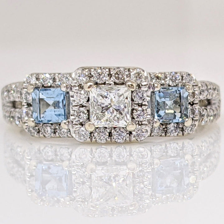 14K WHITE .64 CARAT TOTAL WEIGHT I1 I DIAMOND PRINCESS CUT (1) ROUND (54) AQUAMARINE (2) ESTATE RING 4.1 GRAMS