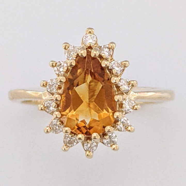 14K CITRINE PEAR 6X9 WITH .20 DIAMOND TOTAL WEIGHT ROUND (14) ESTATE RING 4.2 GRAMS