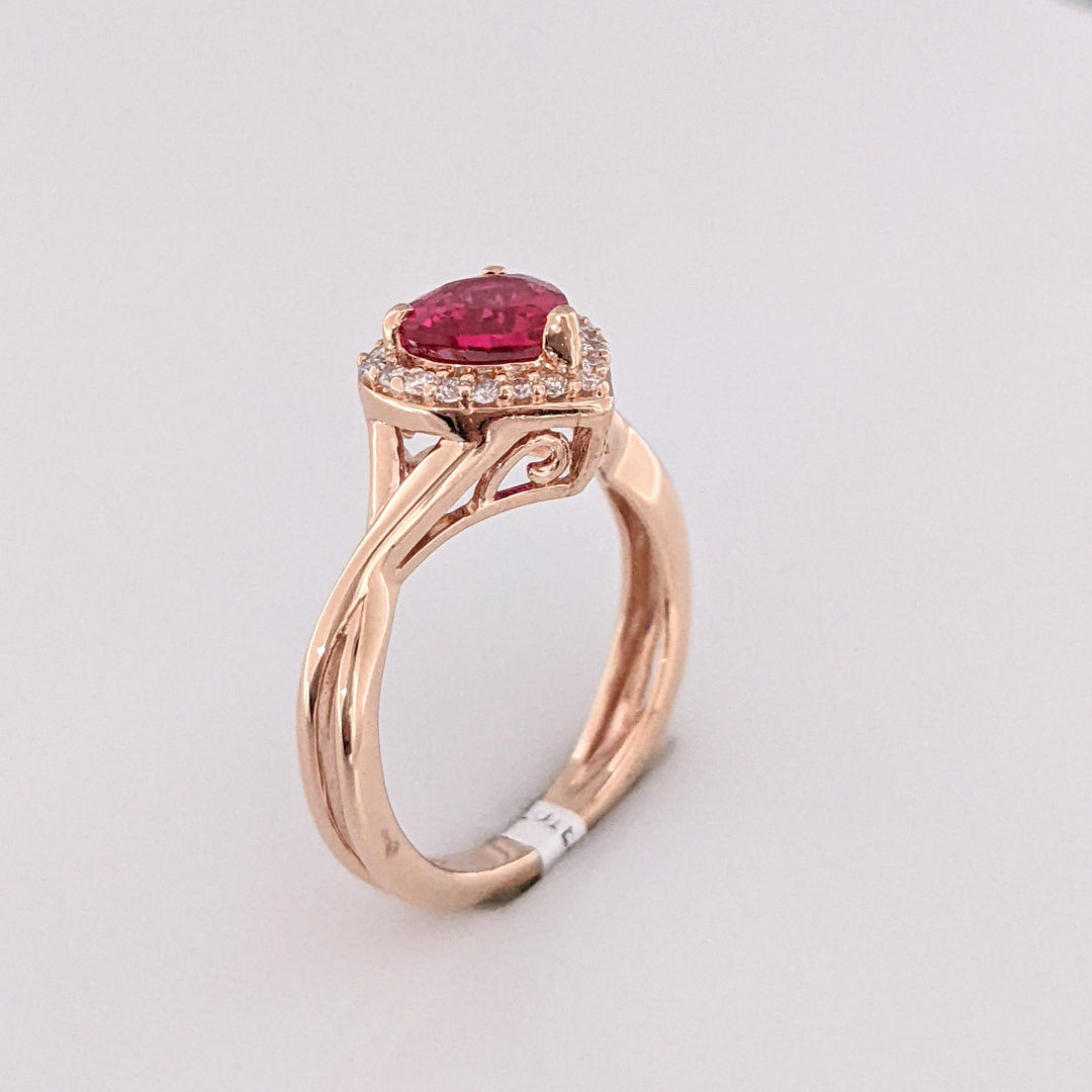 14K ROSE SYNTHETIC RUBY HEART 6MM WTIH (20) MELEE ESTATE RING 2.4 GRAMS