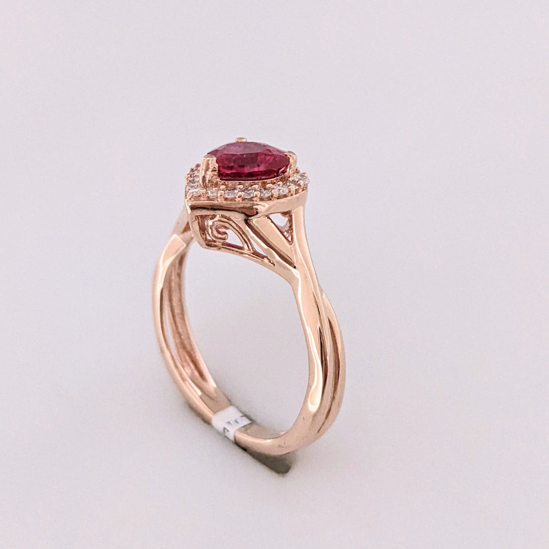 14K ROSE SYNTHETIC RUBY HEART 6MM WTIH (20) MELEE ESTATE RING 2.4 GRAMS