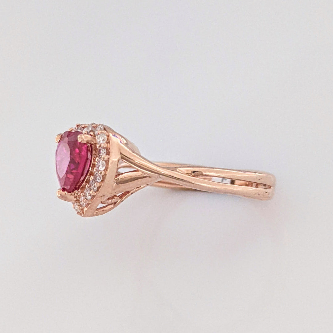 14K ROSE SYNTHETIC RUBY HEART 6MM WTIH (20) MELEE ESTATE RING 2.4 GRAMS