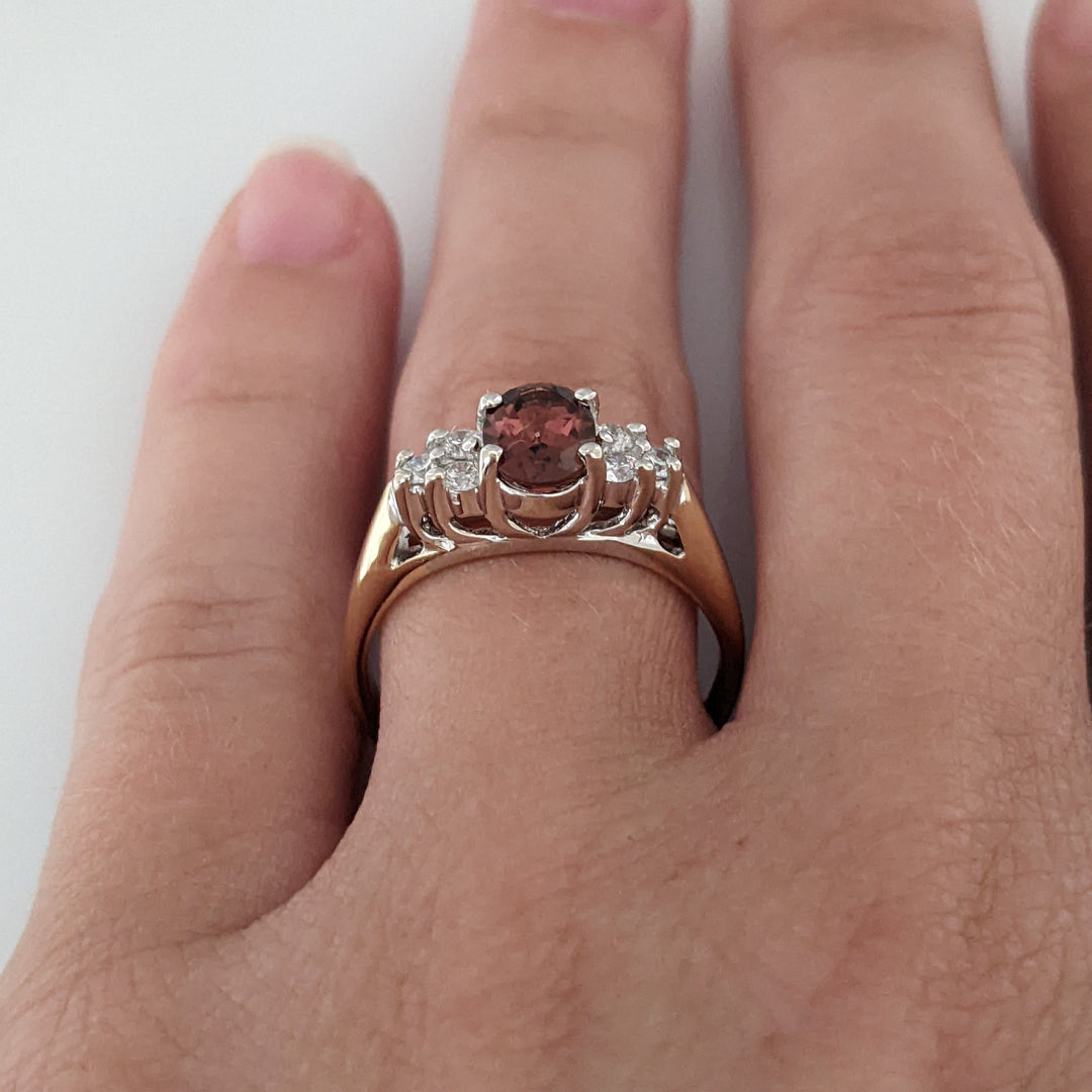 14K TOURMALINE OVAL 5X7 WITH (6) MELEE ESTATE RING 3.4 GRAMS