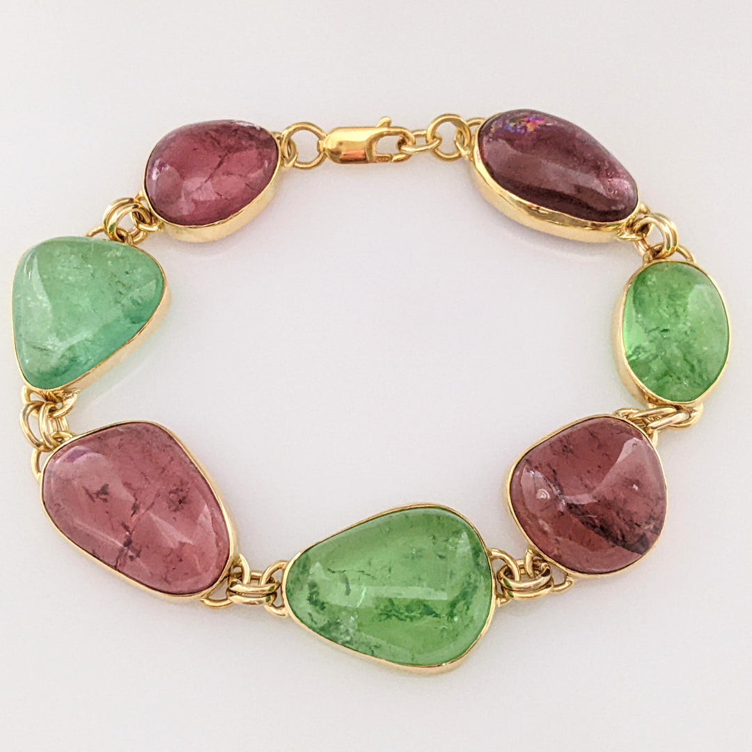 18K PINK/GREEN TOURMALINE FREE FORM CABACHON ESTATE BRACELET 34.1 GRAMS