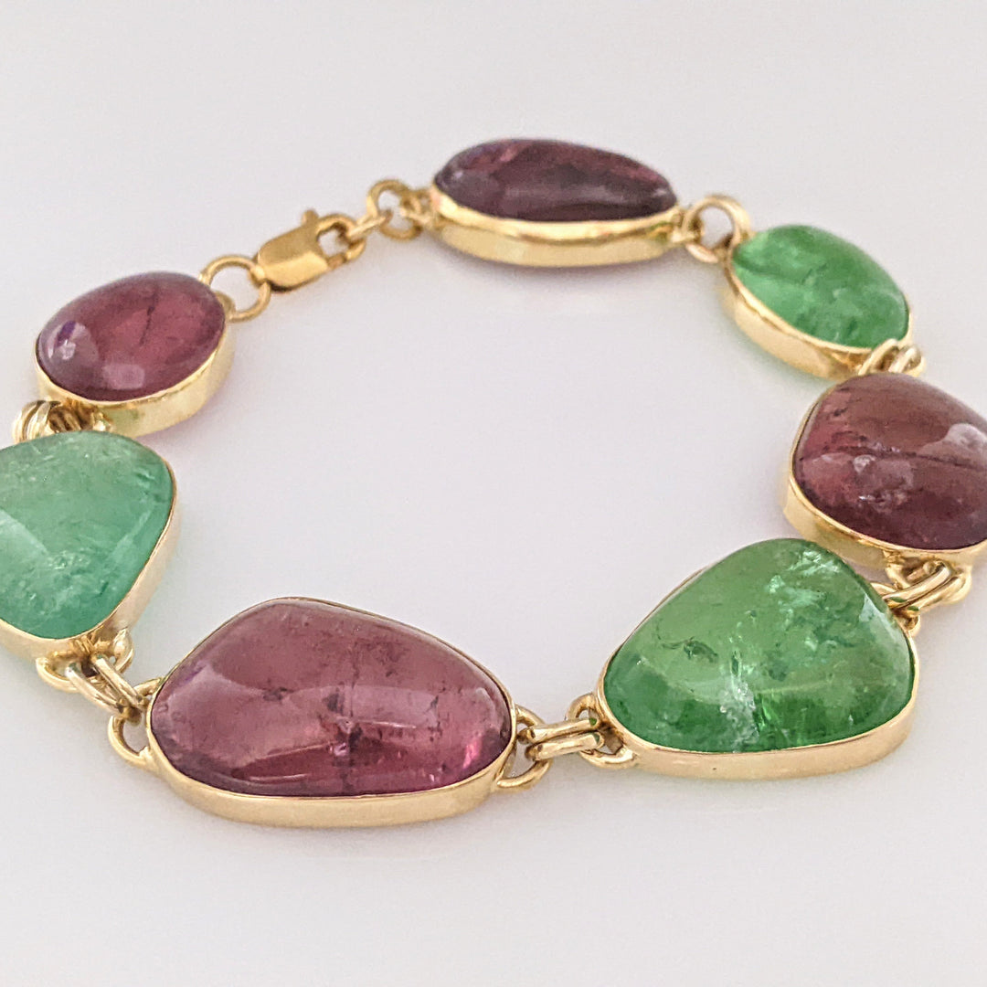 18K PINK/GREEN TOURMALINE FREE FORM CABACHON ESTATE BRACELET 34.1 GRAMS