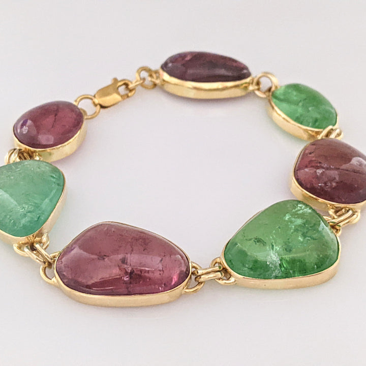 18K PINK/GREEN TOURMALINE FREE FORM CABACHON ESTATE BRACELET 34.1 GRAMS