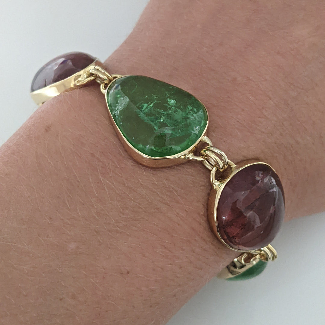 18K PINK/GREEN TOURMALINE FREE FORM CABACHON ESTATE BRACELET 34.1 GRAMS