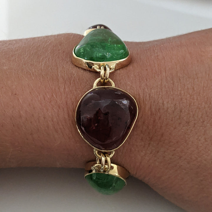 18K PINK/GREEN TOURMALINE FREE FORM CABACHON ESTATE BRACELET 34.1 GRAMS