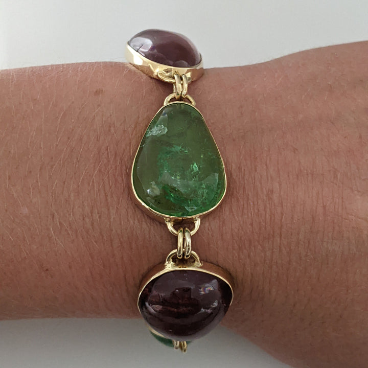 18K PINK/GREEN TOURMALINE FREE FORM CABACHON ESTATE BRACELET 34.1 GRAMS