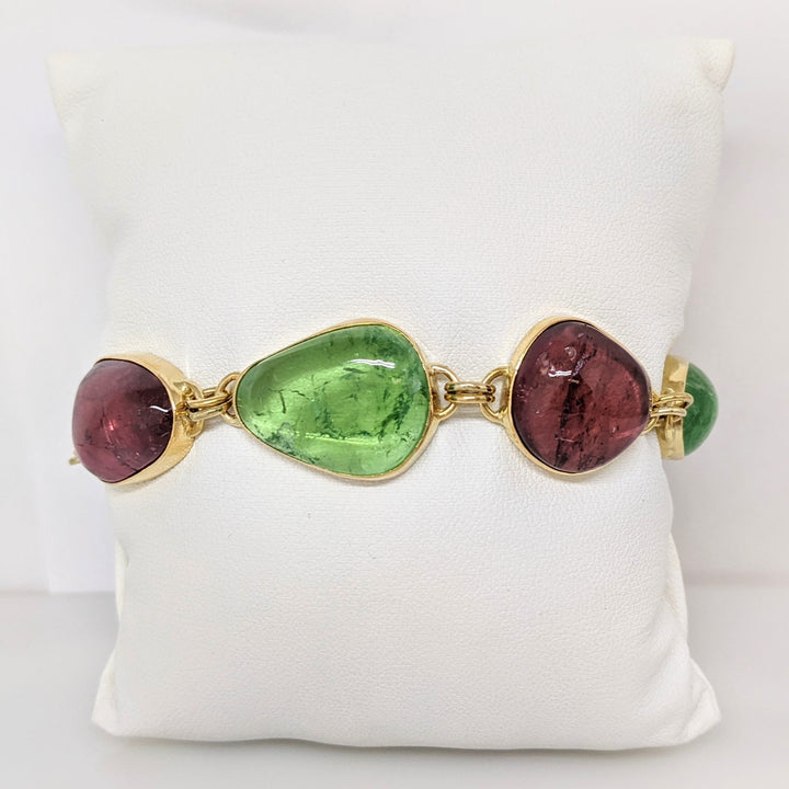 18K PINK/GREEN TOURMALINE FREE FORM CABACHON ESTATE BRACELET 34.1 GRAMS