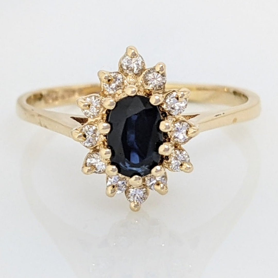 14K SAPPHIRE OVAL 5X7 WITH .36 DIAMOND TOTAL WEIGHT (12) ROUND ESTATE RING 3.1 GRAMS