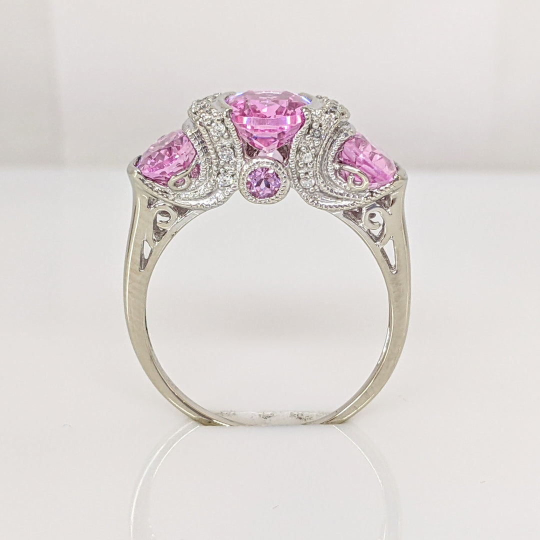 14K WHITE LAB-CREATED PINK SAPPHIRE OVAL (3) WTH .20 DIAMOND TOTAL WEIGHT HALF BEZEL ESTATE RING 4.2 GRAMS