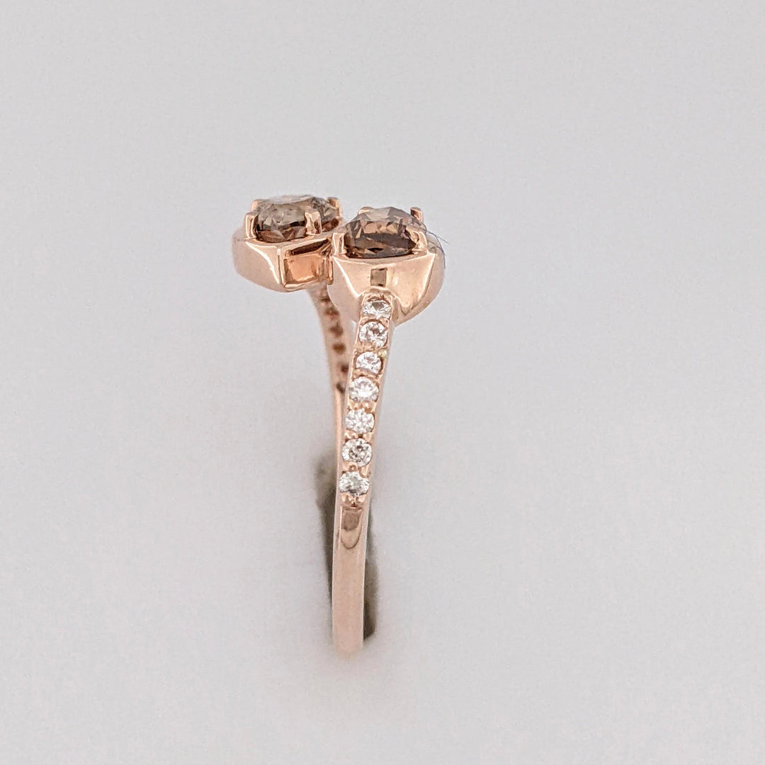 14K ROSE .69 CARAT TOTAL WEIGHT SI2 CHAMPAGNE PEAR (2) ROUND (14) ESTATE BYPASS RING 2.1 GRAMS