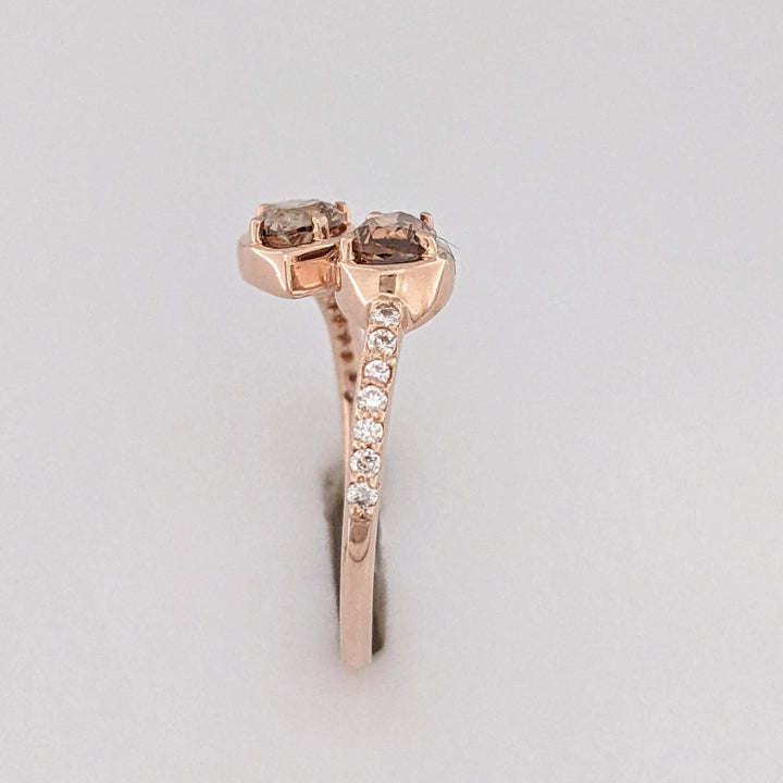 14K ROSE .69 CARAT TOTAL WEIGHT SI2 CHAMPAGNE PEAR (2) ROUND (14) ESTATE BYPASS RING 2.1 GRAMS