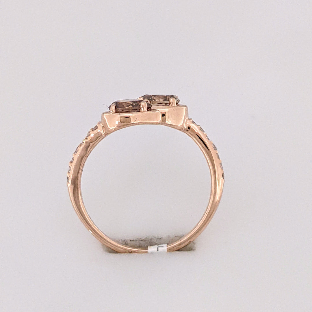 14K ROSE .69 CARAT TOTAL WEIGHT SI2 CHAMPAGNE PEAR (2) ROUND (14) ESTATE BYPASS RING 2.1 GRAMS