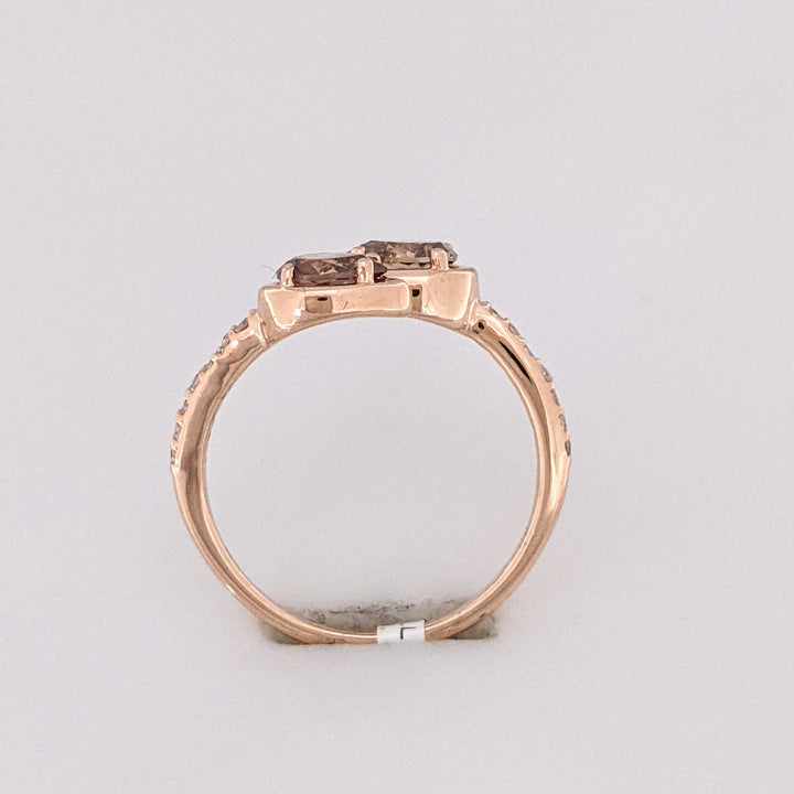 14K ROSE .69 CARAT TOTAL WEIGHT SI2 CHAMPAGNE PEAR (2) ROUND (14) ESTATE BYPASS RING 2.1 GRAMS