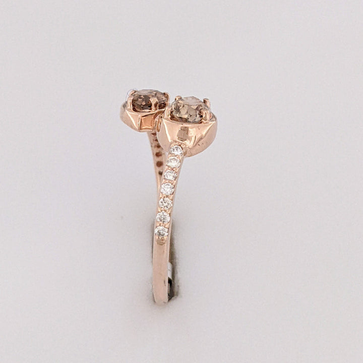 14K ROSE .69 CARAT TOTAL WEIGHT SI2 CHAMPAGNE PEAR (2) ROUND (14) ESTATE BYPASS RING 2.1 GRAMS