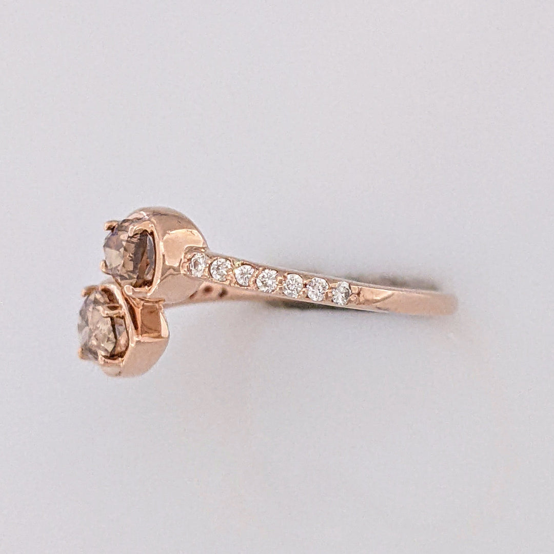 14K ROSE .69 CARAT TOTAL WEIGHT SI2 CHAMPAGNE PEAR (2) ROUND (14) ESTATE BYPASS RING 2.1 GRAMS