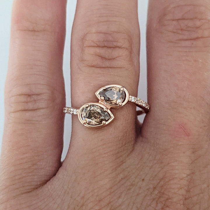 14K ROSE .69 CARAT TOTAL WEIGHT SI2 CHAMPAGNE PEAR (2) ROUND (14) ESTATE BYPASS RING 2.1 GRAMS