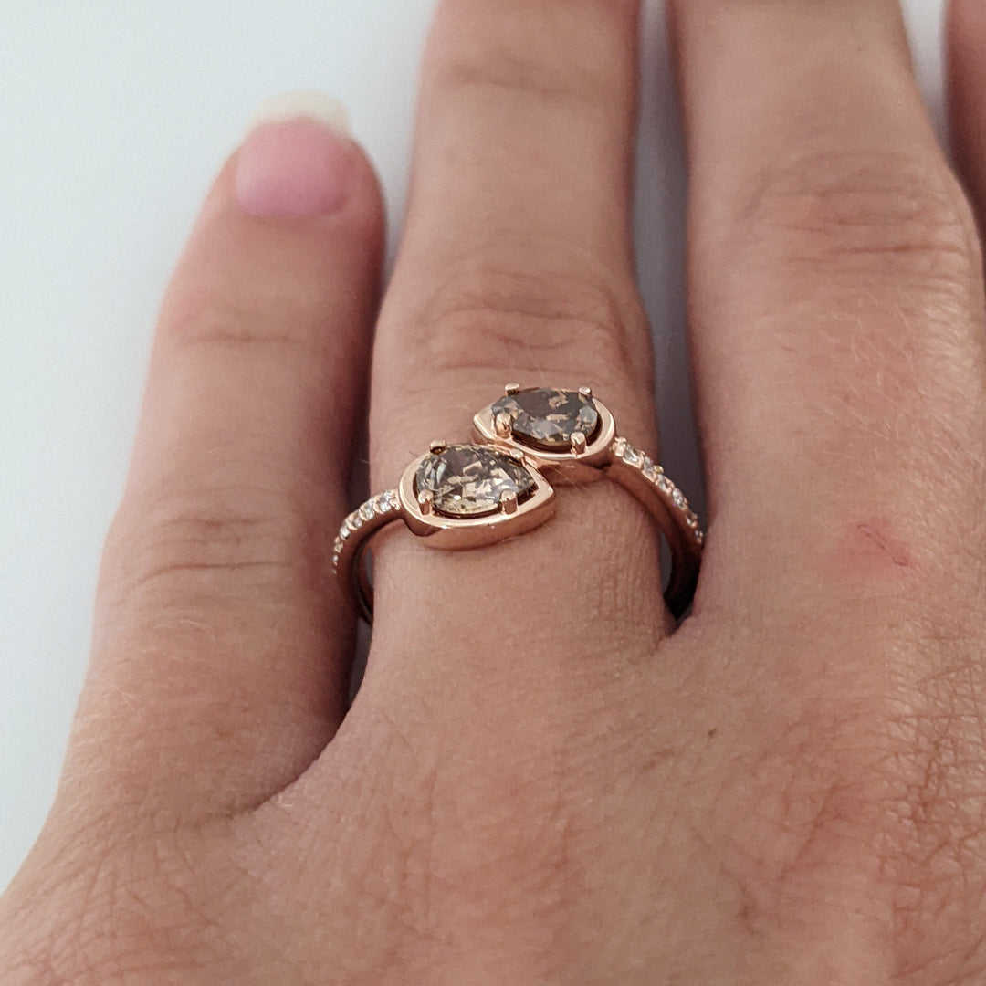 14K ROSE .69 CARAT TOTAL WEIGHT SI2 CHAMPAGNE PEAR (2) ROUND (14) ESTATE BYPASS RING 2.1 GRAMS