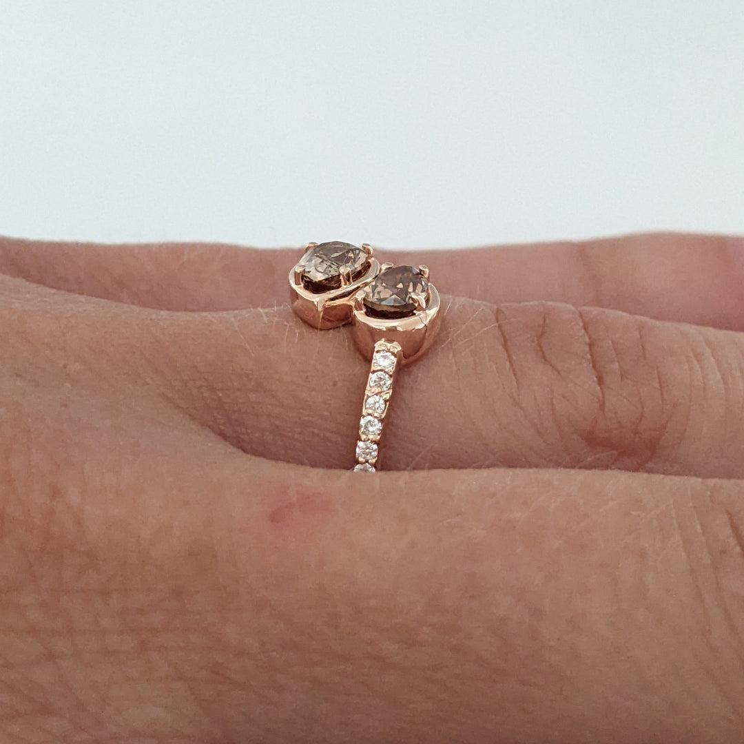14K ROSE .69 CARAT TOTAL WEIGHT SI2 CHAMPAGNE PEAR (2) ROUND (14) ESTATE BYPASS RING 2.1 GRAMS