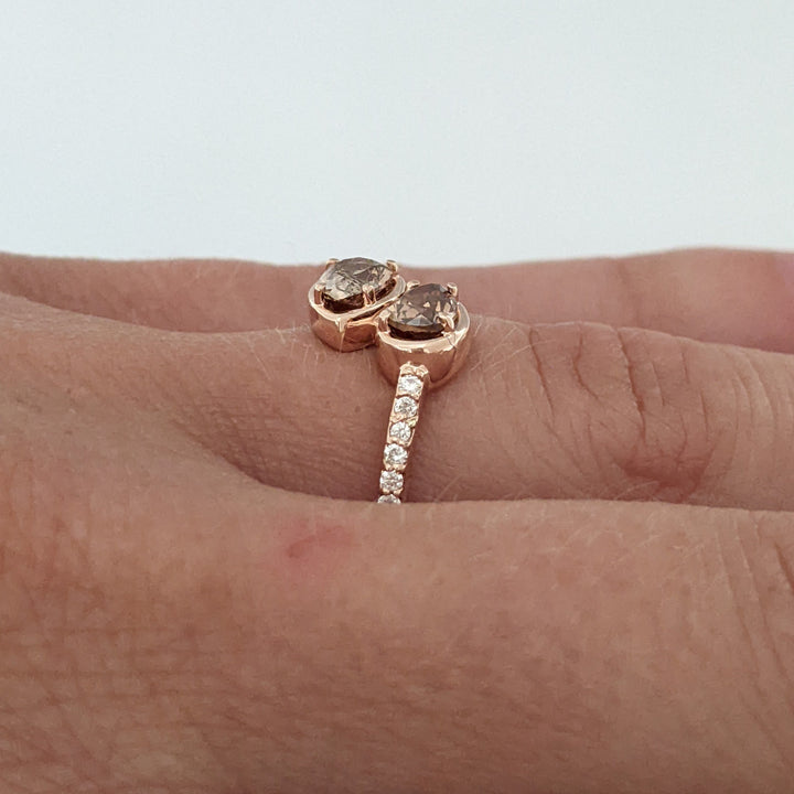 14K ROSE .69 CARAT TOTAL WEIGHT SI2 CHAMPAGNE PEAR (2) ROUND (14) ESTATE BYPASS RING 2.1 GRAMS