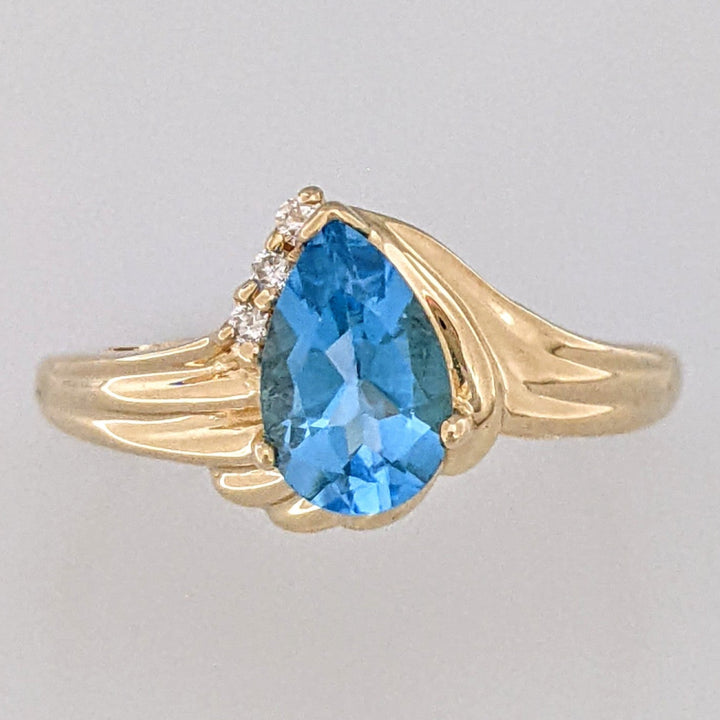 14K BLUE TOPAZ PEAR 5X8 WITH (3) MELEE ESTATE RING 3.4 GRAMS