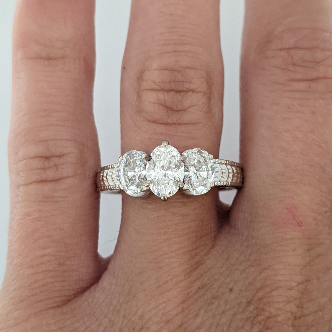 14K WHITE 1.80 CARAT TOTAL WEIGHT I1 I DIAMOND OVAL (3) ESTATE TRINITY RING 6.2 GRAMS