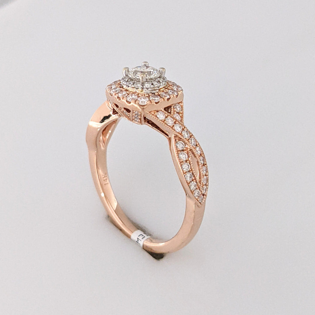 14K ROSE .66 CARAT TOTAL WEIGHT SI-I1 H-I DIAMOND ROUND (55) NEIL LANE TWIST HALO ESTATE RING 4.3 GRAMS