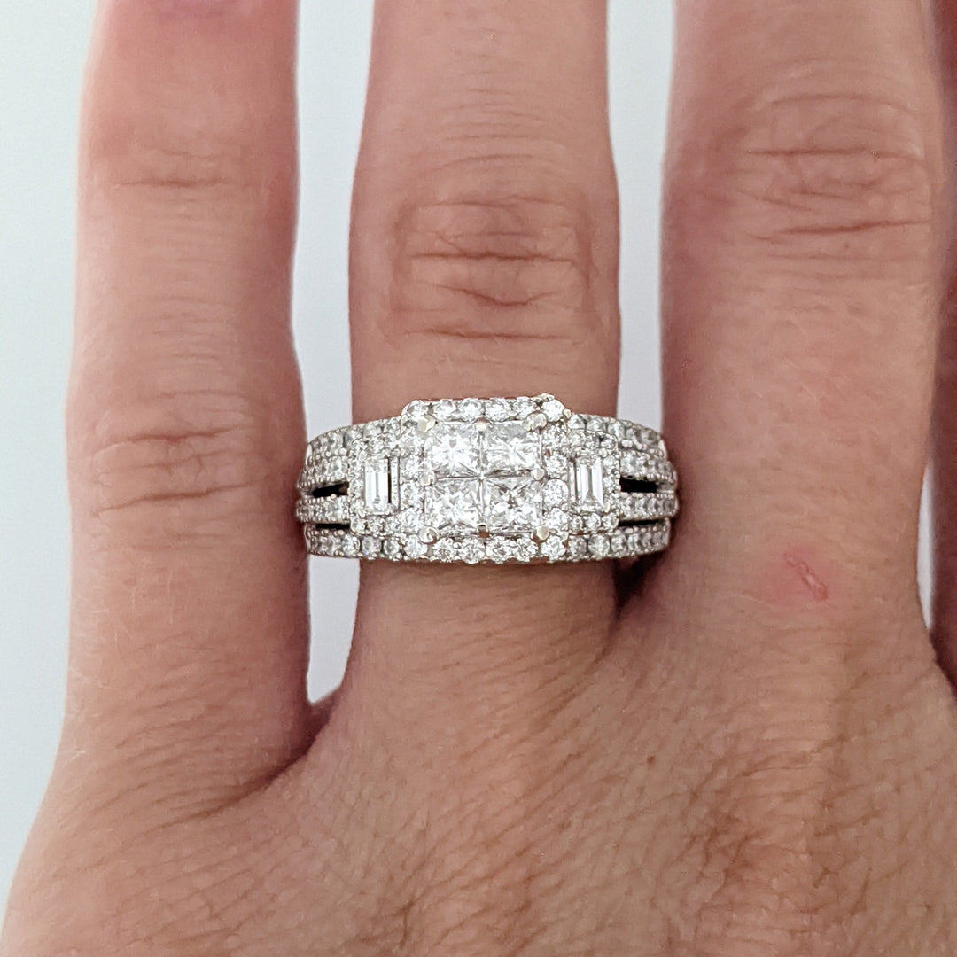 14K WHITE 1.78 CARAT TOTAL WEIGHT SI1 I DIAMOND PRINCESS CUT (4) EMERALD CUT (2) ROUND (98) ESTATE RING 6.5 GRAMS