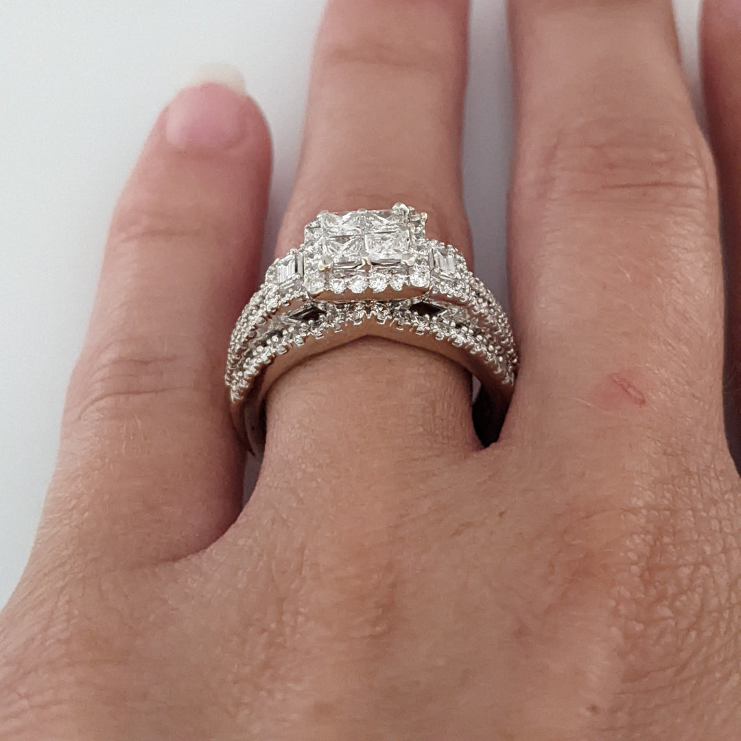 14K WHITE 1.78 CARAT TOTAL WEIGHT SI1 I DIAMOND PRINCESS CUT (4) EMERALD CUT (2) ROUND (98) ESTATE RING 6.5 GRAMS