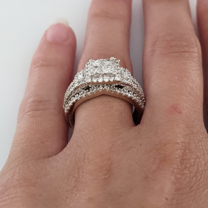 14K WHITE 1.78 CARAT TOTAL WEIGHT SI1 I DIAMOND PRINCESS CUT (4) EMERALD CUT (2) ROUND (98) ESTATE RING 6.5 GRAMS