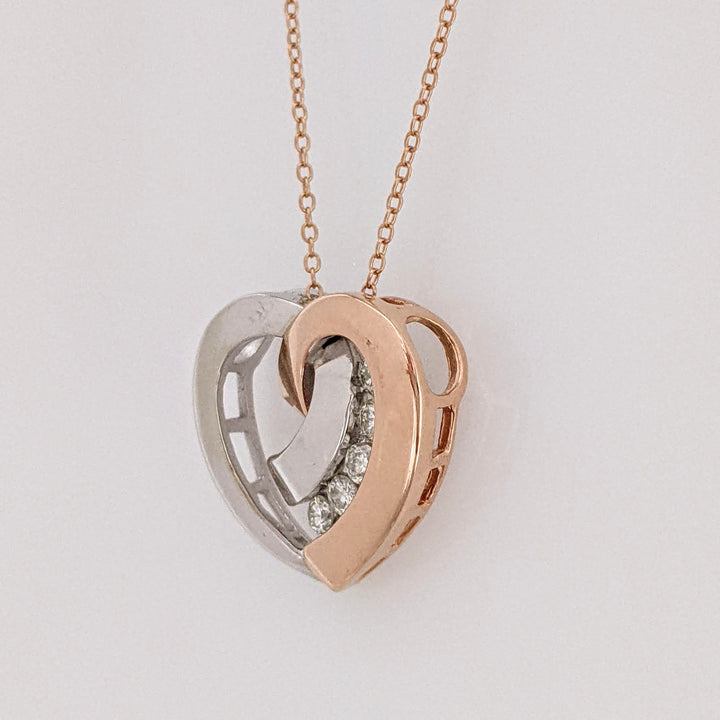 14K TWO-TONE .20 CARAT TOTAL WEIGHT SI H-I DIAMOND ROUND (5) ESTATE HEART PENDANT & CHAIN 4.6 GRAMS