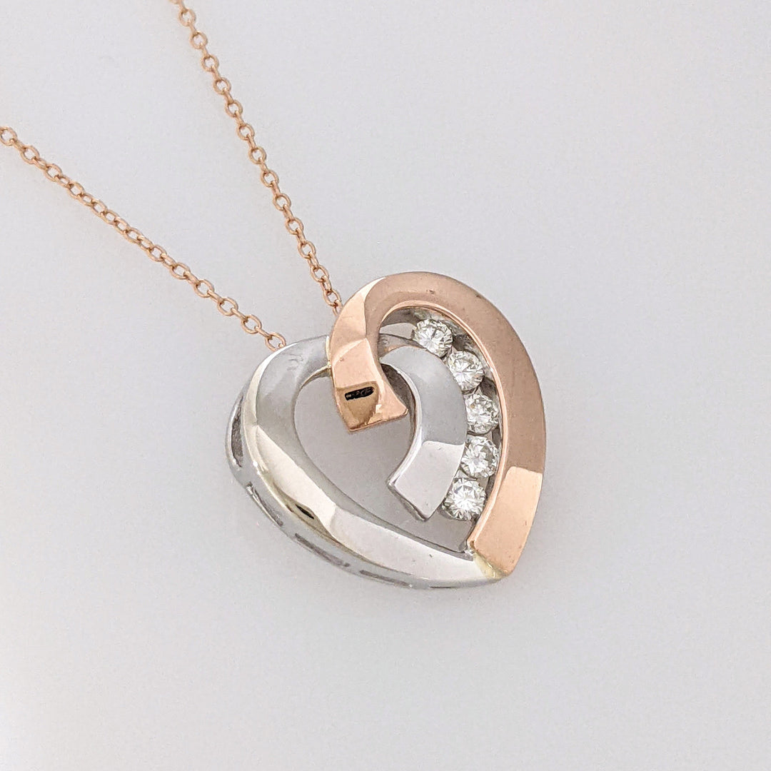 14K TWO-TONE .20 CARAT TOTAL WEIGHT SI H-I DIAMOND ROUND (5) ESTATE HEART PENDANT & CHAIN 4.6 GRAMS