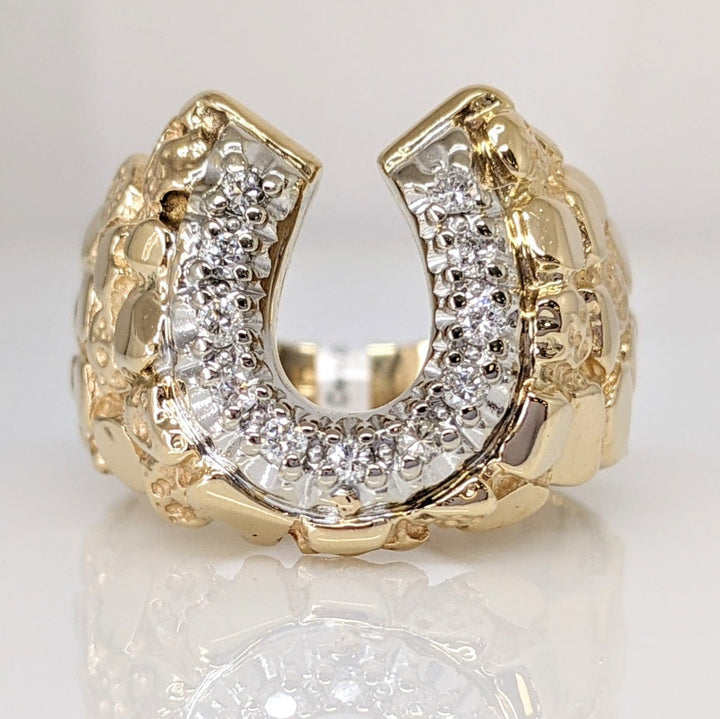 14K .22 CARAT TOTAL WEIGHT SI2 H DIAMOND ROUND (11) HORSESHOE NUGGET ESTATE RING 10.4 GRAMS