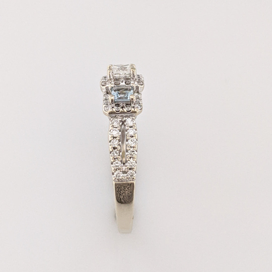 14K WHITE .64 CARAT TOTAL WEIGHT I1 I DIAMOND PRINCESS CUT (1) ROUND (54) AQUAMARINE (2) ESTATE RING 4.1 GRAMS