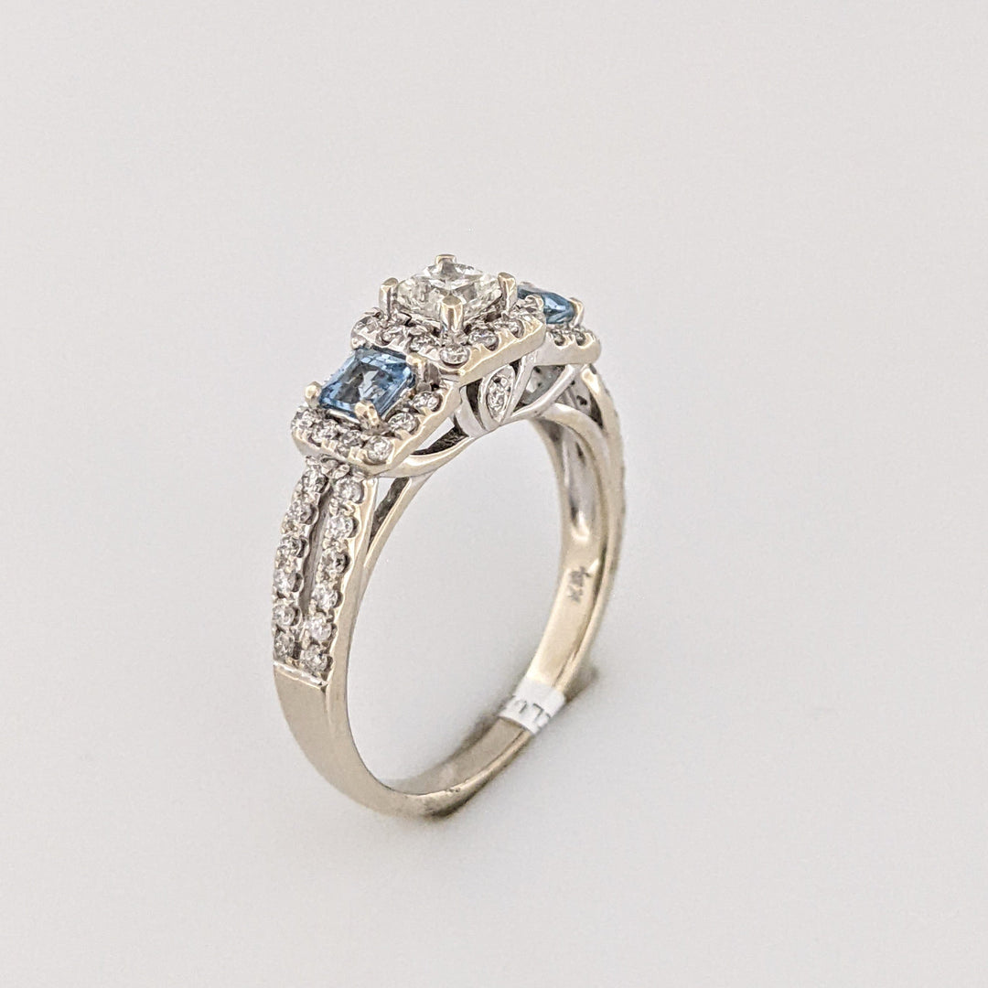 14K WHITE .64 CARAT TOTAL WEIGHT I1 I DIAMOND PRINCESS CUT (1) ROUND (54) AQUAMARINE (2) ESTATE RING 4.1 GRAMS