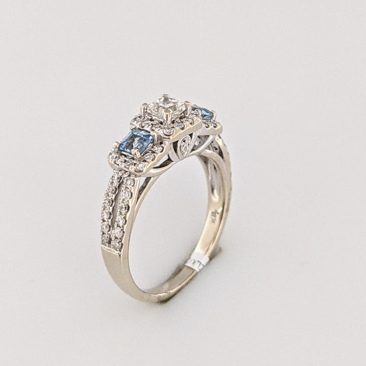 14K WHITE .64 CARAT TOTAL WEIGHT I1 I DIAMOND PRINCESS CUT (1) ROUND (54) AQUAMARINE (2) ESTATE RING 4.1 GRAMS