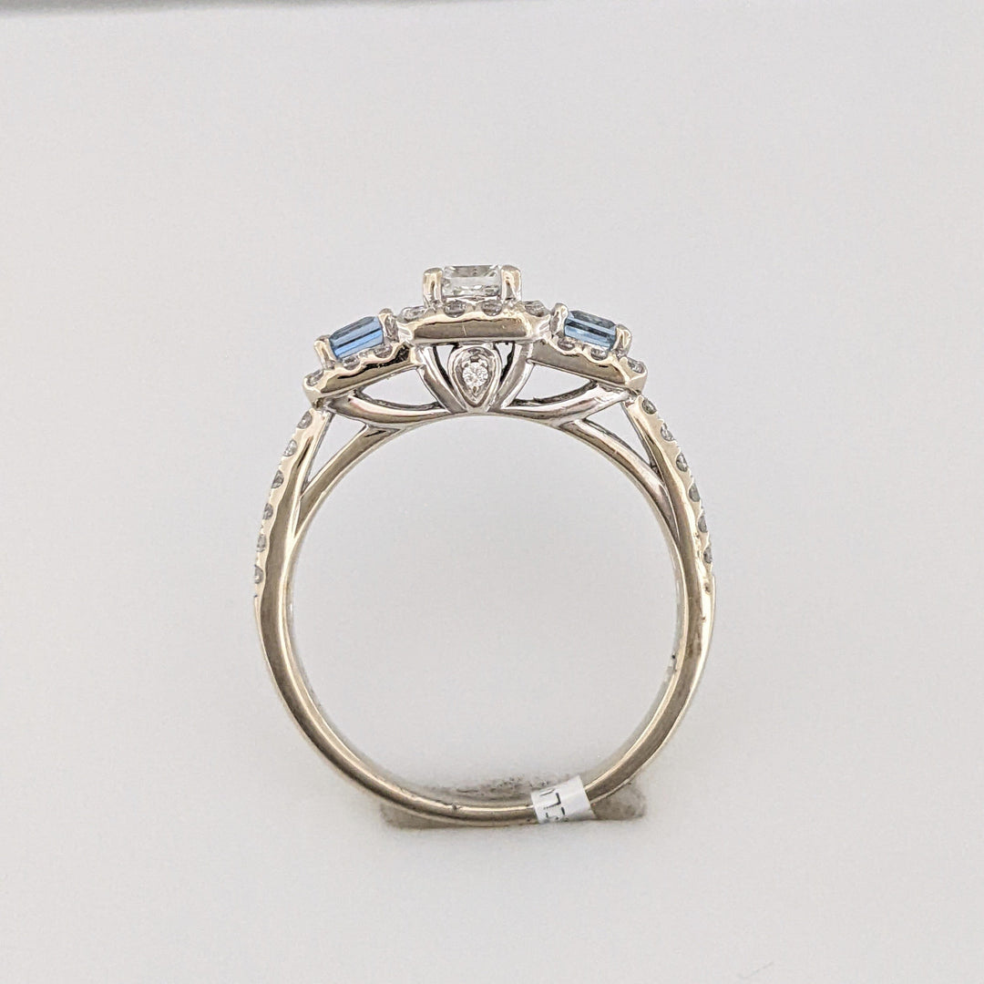 14K WHITE .64 CARAT TOTAL WEIGHT I1 I DIAMOND PRINCESS CUT (1) ROUND (54) AQUAMARINE (2) ESTATE RING 4.1 GRAMS