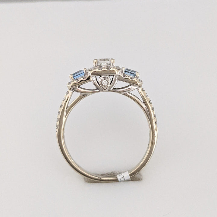 14K WHITE .64 CARAT TOTAL WEIGHT I1 I DIAMOND PRINCESS CUT (1) ROUND (54) AQUAMARINE (2) ESTATE RING 4.1 GRAMS