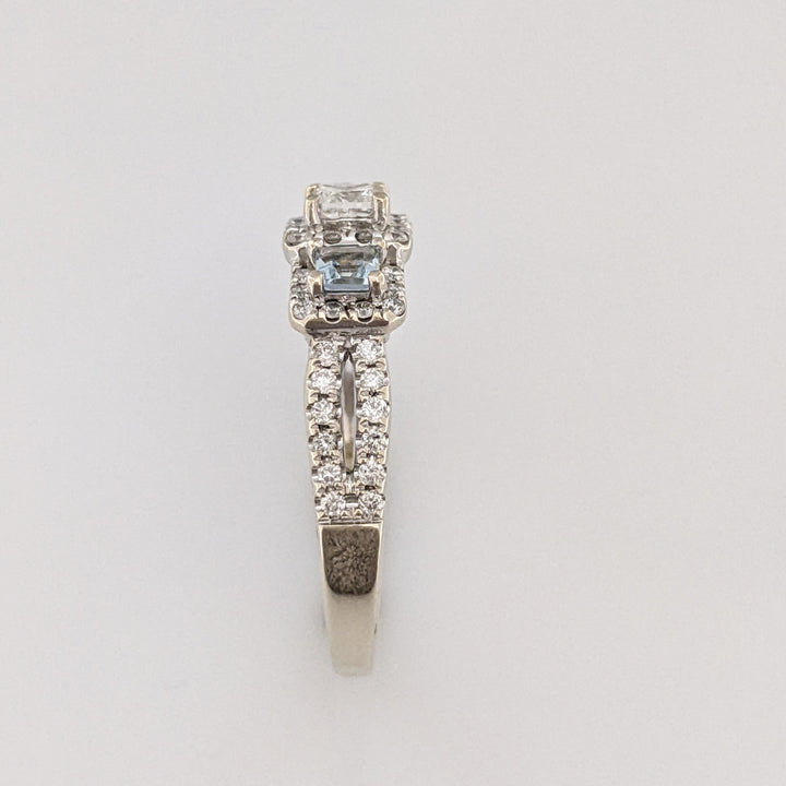 14K WHITE .64 CARAT TOTAL WEIGHT I1 I DIAMOND PRINCESS CUT (1) ROUND (54) AQUAMARINE (2) ESTATE RING 4.1 GRAMS