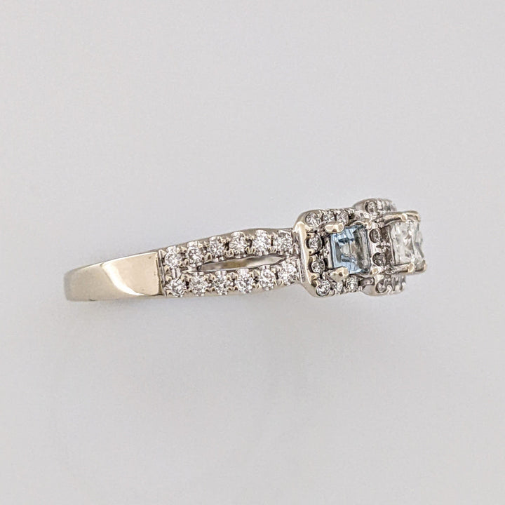 14K WHITE .64 CARAT TOTAL WEIGHT I1 I DIAMOND PRINCESS CUT (1) ROUND (54) AQUAMARINE (2) ESTATE RING 4.1 GRAMS