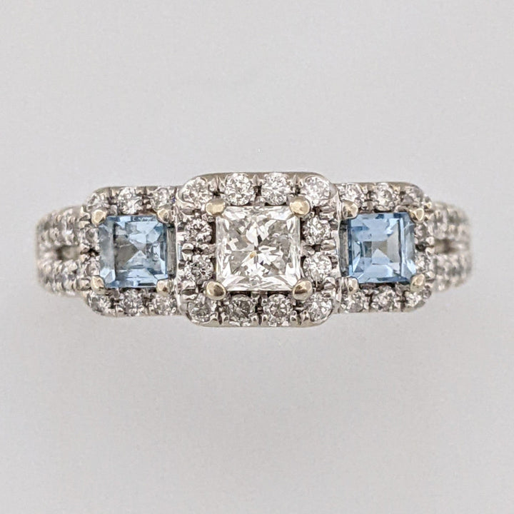 14K WHITE .64 CARAT TOTAL WEIGHT I1 I DIAMOND PRINCESS CUT (1) ROUND (54) AQUAMARINE (2) ESTATE RING 4.1 GRAMS