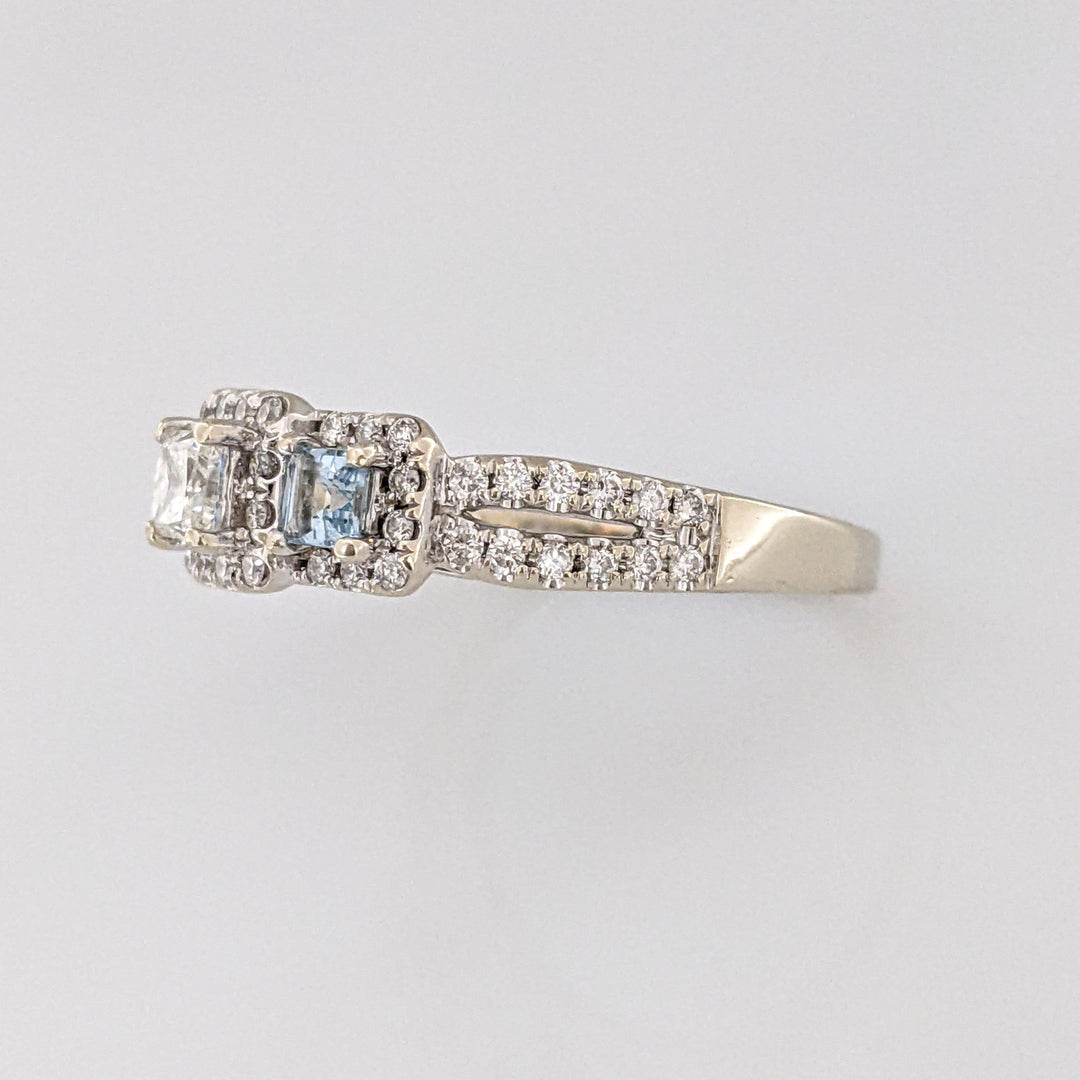 14K WHITE .64 CARAT TOTAL WEIGHT I1 I DIAMOND PRINCESS CUT (1) ROUND (54) AQUAMARINE (2) ESTATE RING 4.1 GRAMS