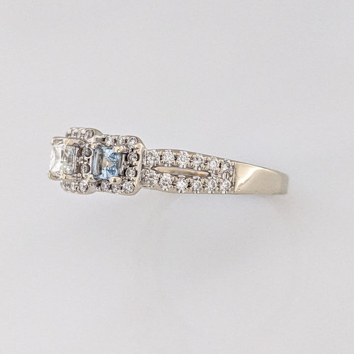 14K WHITE .64 CARAT TOTAL WEIGHT I1 I DIAMOND PRINCESS CUT (1) ROUND (54) AQUAMARINE (2) ESTATE RING 4.1 GRAMS