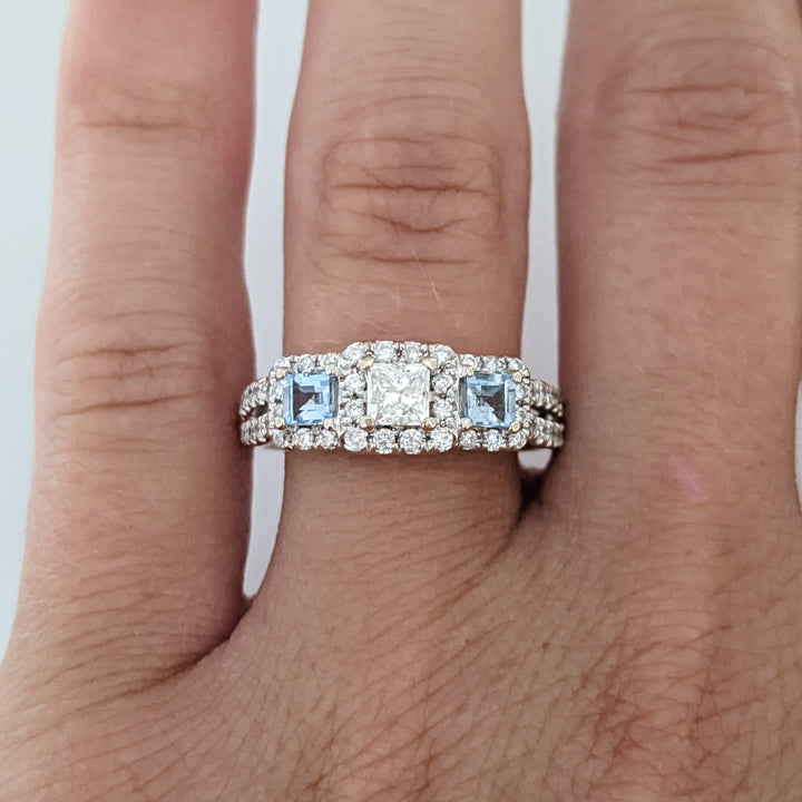 14K WHITE .64 CARAT TOTAL WEIGHT I1 I DIAMOND PRINCESS CUT (1) ROUND (54) AQUAMARINE (2) ESTATE RING 4.1 GRAMS