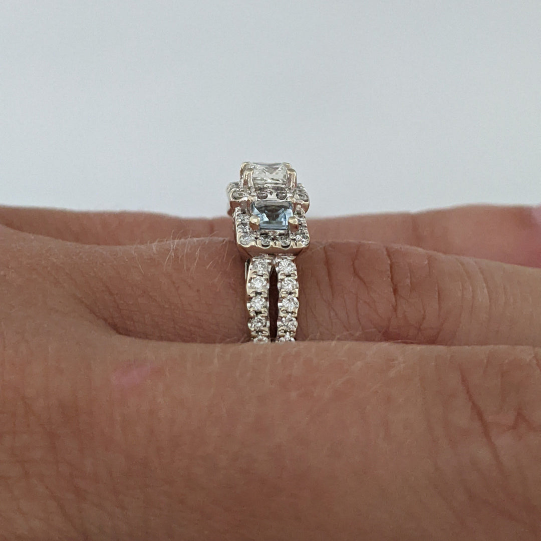 14K WHITE .64 CARAT TOTAL WEIGHT I1 I DIAMOND PRINCESS CUT (1) ROUND (54) AQUAMARINE (2) ESTATE RING 4.1 GRAMS