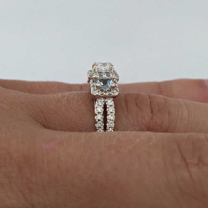 14K WHITE .64 CARAT TOTAL WEIGHT I1 I DIAMOND PRINCESS CUT (1) ROUND (54) AQUAMARINE (2) ESTATE RING 4.1 GRAMS