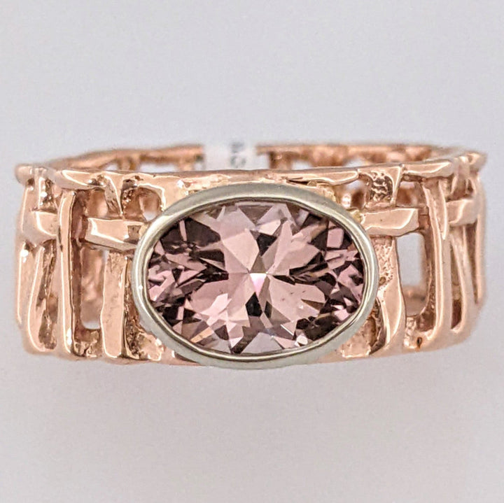 14K ROSE PINK TOURMALINE OVAL 6X8 BEZE SET OPEN SHANK ESTATE RING 4.3 GRAMS